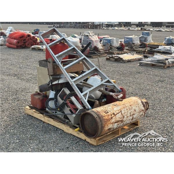 (5) GAS CANS,(2) PROPANE TANKS, FILE CABINET