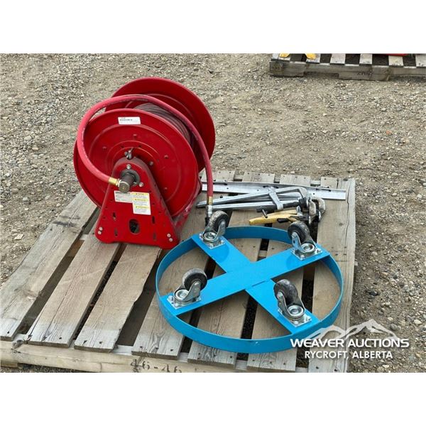 AIR HOSE REEL W/CLAMPS & GARBAGE BARREL DOLLY