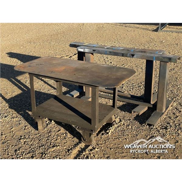 (2) METAL SAW HORSES W/STEEL ROLLING WORKBENCH
