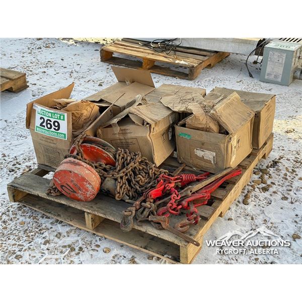 MISC SHOP TOOLS W/TIE DOWNS, CHAINS & LIGHTS