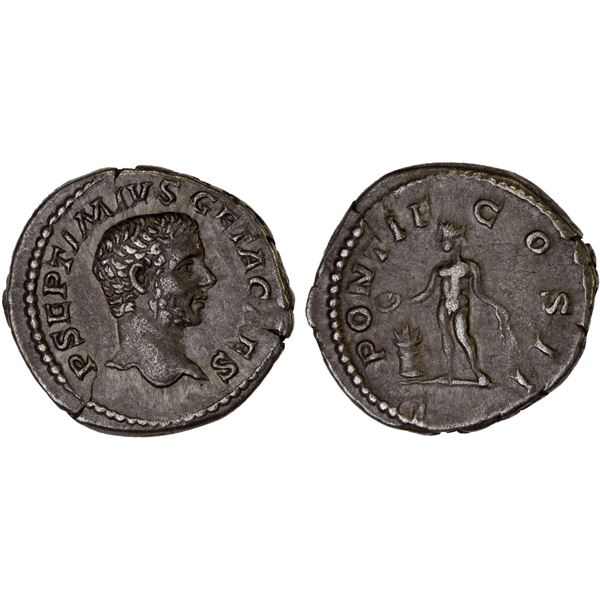 ROMAN EMPIRE: Geta, as caesar, 198-209 AD, AR denarius (3.58g), Rome, 209 AD, VF