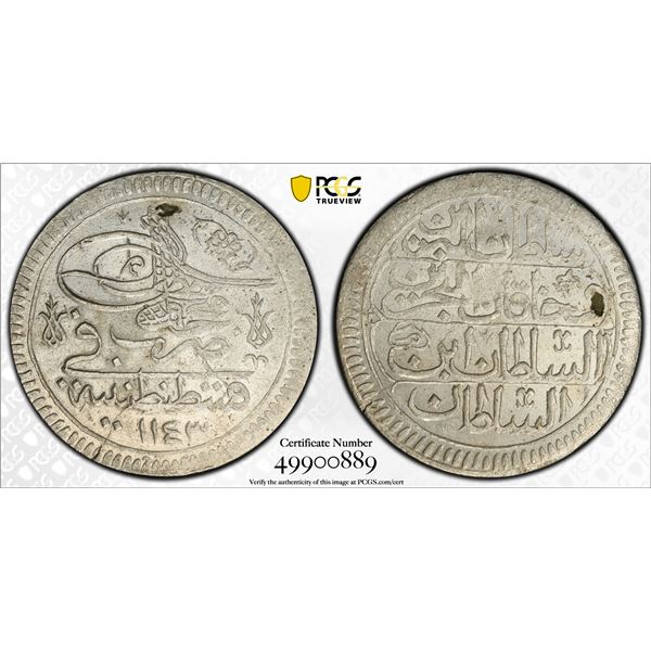 OTTOMAN TURKEY: Mahmud I, 1730-1754, AR kurush, Kostantiniye, AH1143 (1730), PCGS UNC details