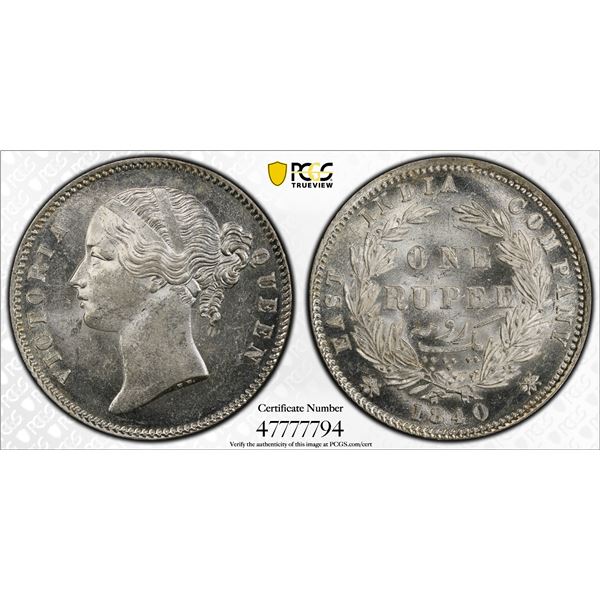 BRITISH INDIA: Victoria, Queen, 1837-1876, AR rupee, 1840b&c, PCGS MS62