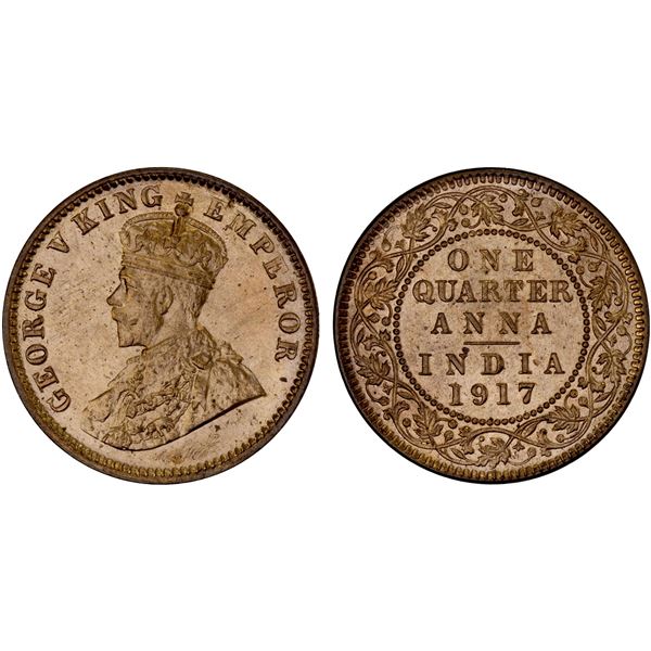 BRITISH INDIA: George V, 1910-1936, AE 1/4 anna, 1917(c), Choice Unc