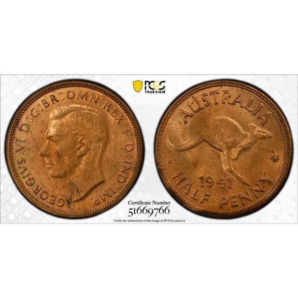 AUSTRALIA: George VI, 1936-1952, AE 1/2 penny, 1941(m), PCGS MS64 RB