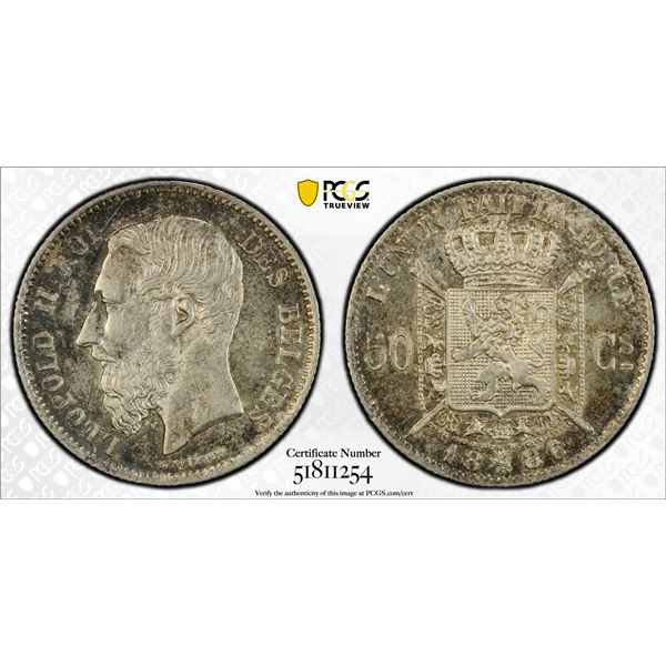 BELGIUM: Leopold II, 1865-1909, AR 50 centimes, 1886, PCGS MS62