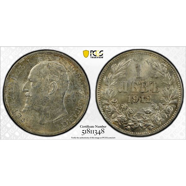BULGARIA: Ferdinand I, 1887-1918, AR lev, 1912, PCGS MS61