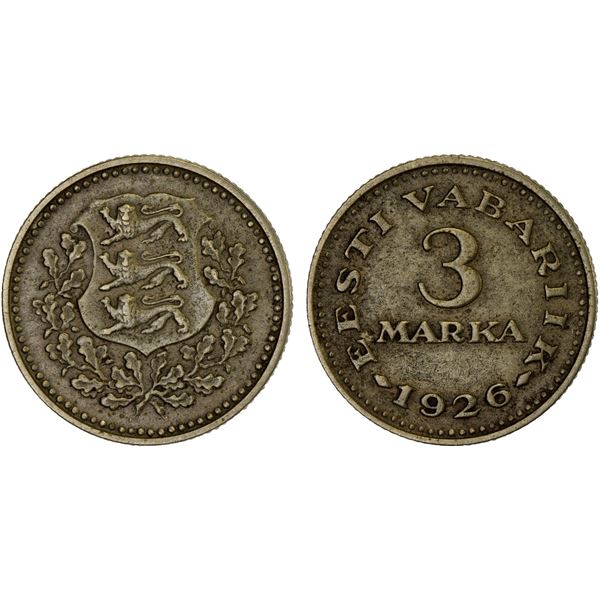 ESTONIA: Republic, 3 marka, 1926, KM-6, scarce type, XF