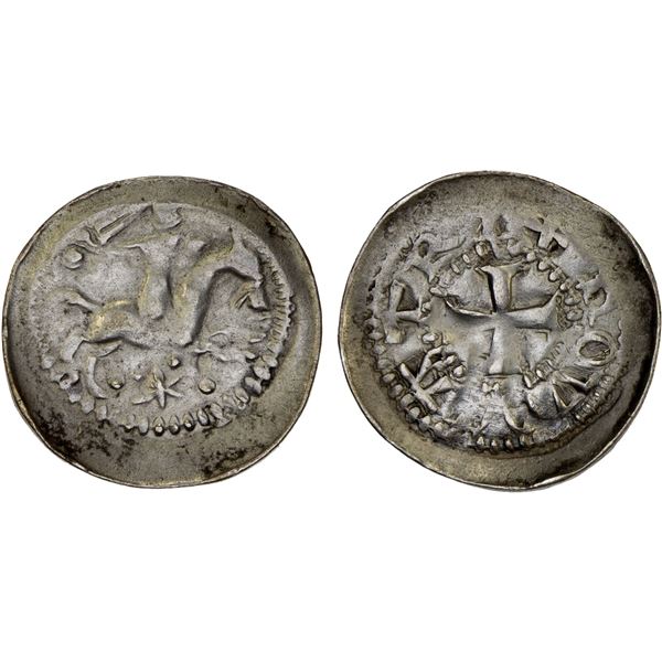 FRANCE: LORRAINE: Thiebaut I, 1281-1303, AR denar (0.52g), Neufchâteau, XF