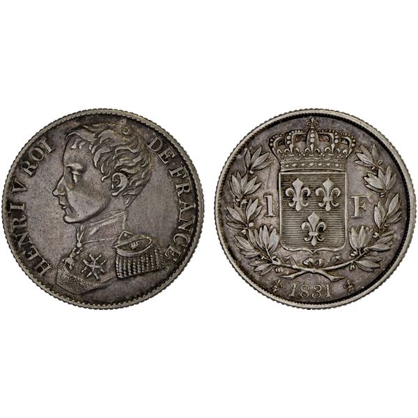 FRANCE: Henri V, Pretender, 1830-1883, AR franc, 1831, XF