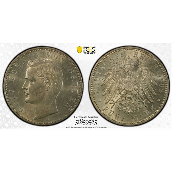 BAVARIA: Otto, 1886-1913, AR 5 mark, 1908-D, PCGS MS62