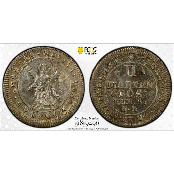 BRUNSWICK-CALENBERG-HANNOVER: Georg I, 1698-1727, AR 2 mariengroschen, 1708, PCGS MS63