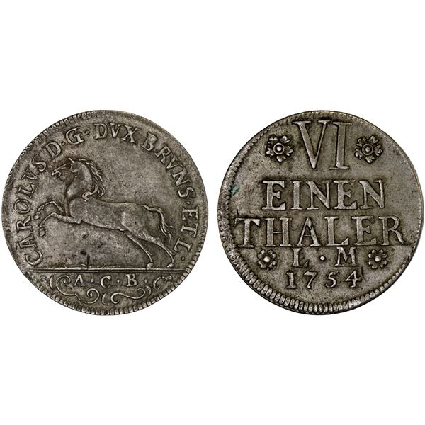 BRUNSWICK-WOLFENBÜTTEL: Karl I, 1735-1780, AR 1/6 thaler (5.36g), 1754, XF-AU
