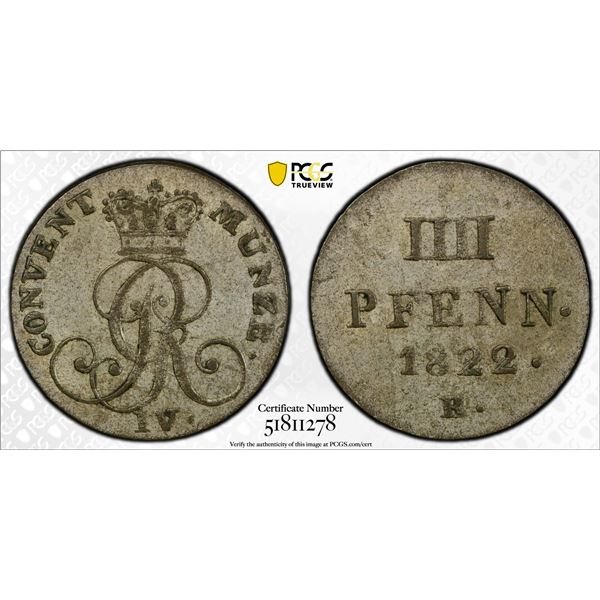 HANOVER: Georg IV, 1820-1830, BI 4 pfennig, 1822-B, PCGS AU58