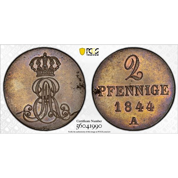 HANOVER: Ernst August, 1837-1851, AE 2 pfennig, 1844/3-A, PCGS MS63 BN
