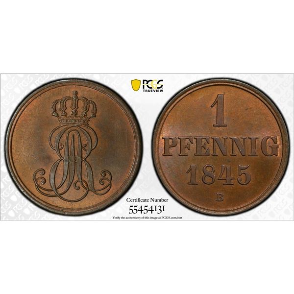 HANOVER: Ernst August, 1837-1851, AE pfennig, 1845-B, PCGS MS65 BN