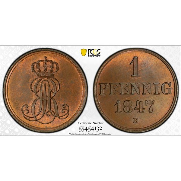 HANOVER: Ernst August, 1837-1851, AE pfennig, 1847-B, PCGS MS65 RB