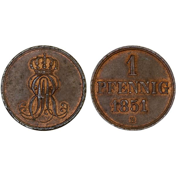 HANOVER: Ernst August, 1837-1851, AE pfennig, 1851, Unc