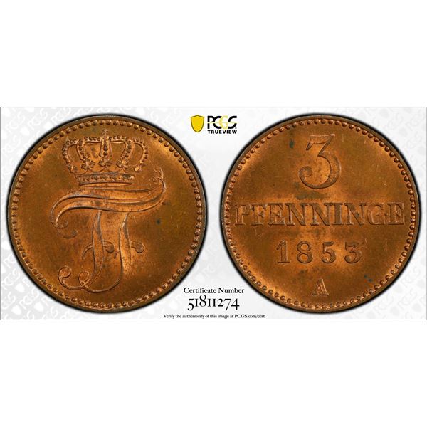 MECKLENBURG-SCHWERIN: Friedrich Franz II, 1842-1883, AE 3 pfennig, 1853-A, PCGS MS64 RB