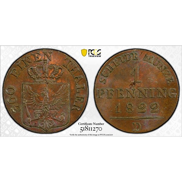 PRUSSIA: Friedrich Wilhelm III, 1797-1840, AE pfennig, 1822-D, PCGS UNC details