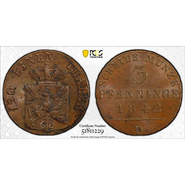 PRUSSIA: Friedrich Wilhelm IV, 1840-1861, AE 3 pfennig, Düsseldorf, 1842-D, PCGS MS61 BN