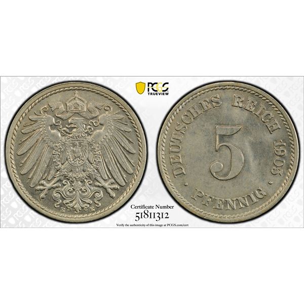 GERMANY: Kaiserreich, 5 pfennig, 1905-E, PCGS MS64