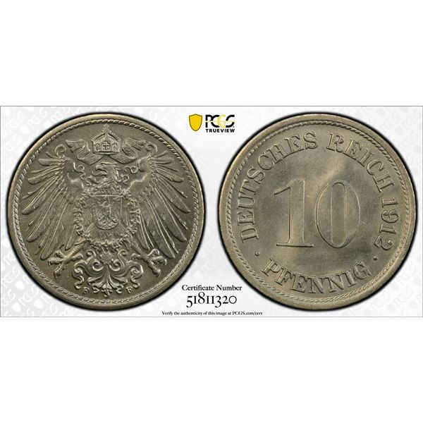 GERMANY: Kaiserreich, 10 pfennig, 1912-F, PCGS MS65