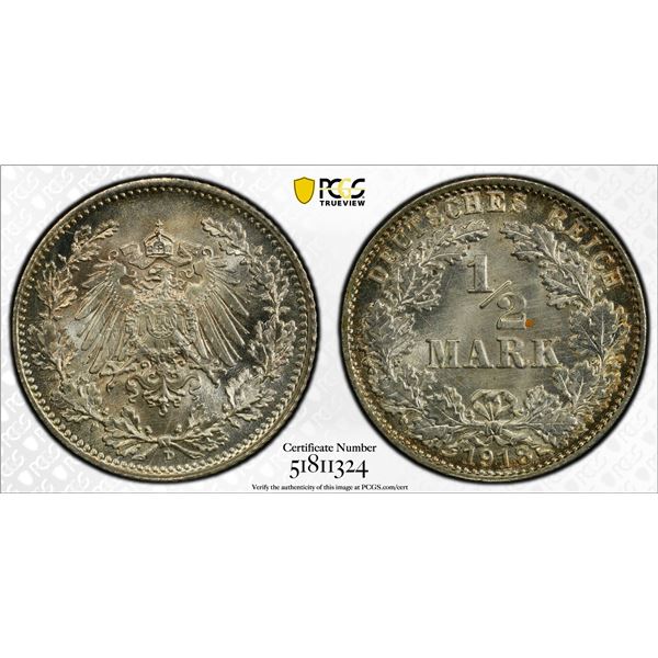 GERMANY: Kaiserreich, AR 1/2 mark, 1918-D, PCGS MS67 +