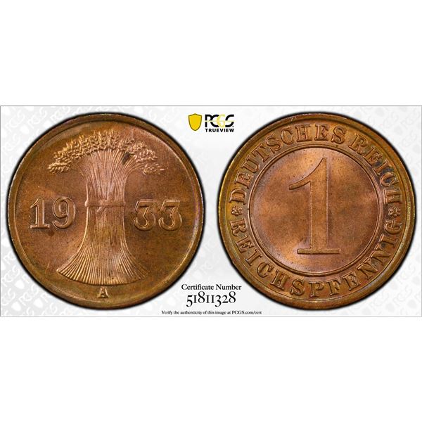 GERMANY: Third Reich, AE reichspfennig, 1933-A, PCGS MS65 RB