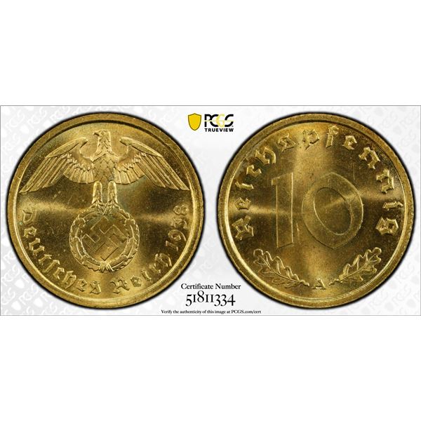 GERMANY: Third Reich, 1933-1945, AE 10 reichspfennig, 1938-A, PCGS MS64