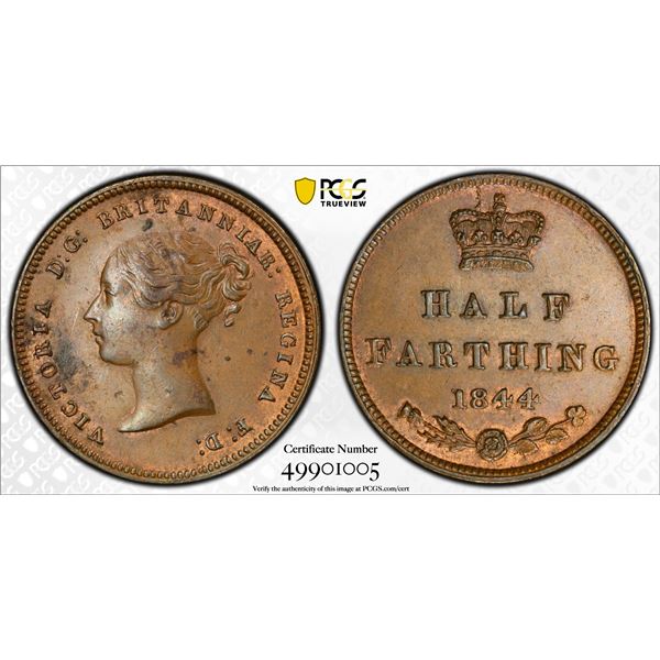 GREAT BRITAIN: Victoria, 1837-1901, AE 1/2 farthing, 1844, PCGS MS62 BN
