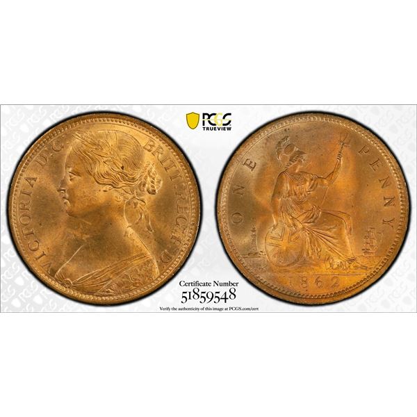 GREAT BRITAIN: Victoria, 1837-1901, AE penny, 1862, PCGS MS65 RB