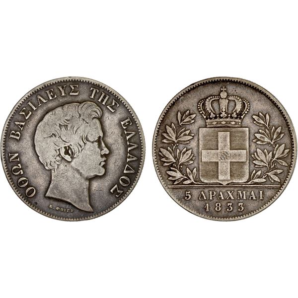 GREECE: Otto of Bavaria, 1832-1862, AR 5 drachmai, 1833