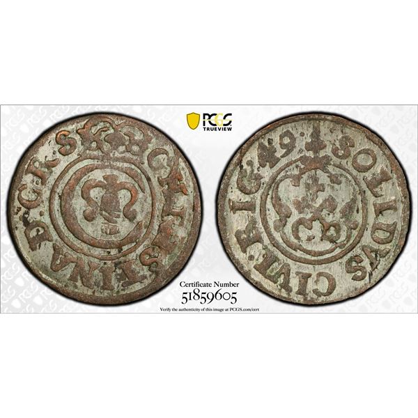 LIVONIA (SWEDISH): Christina, 1632-1654, BI solidus, Riga, [16]49, PCGS AU58