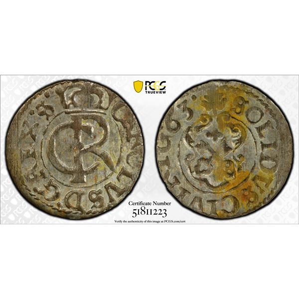 LIVONIA (SWEDISH): Karl XI, 1660-1697, BI solidus, Riga, [16]63, PCGS MS62