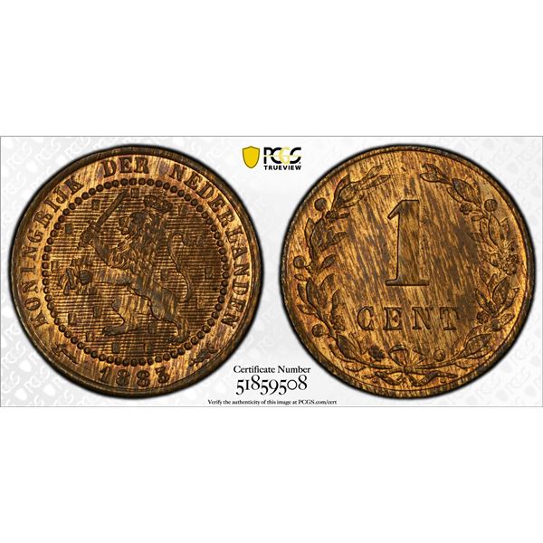 NETHERLANDS: William III, 1849-1890, AE cent, 1883, PCGS MS64 RB