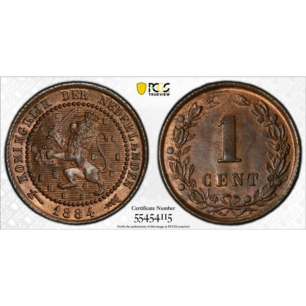NETHERLANDS: Willem III, 1849-1890, AE cent, 1884, PCGS MS65 RB