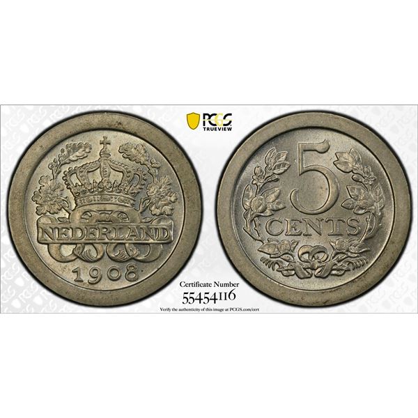 NETHERLANDS: Wilhelmina I, 1890-1948, 5 cents, 1908, PCGS MS65