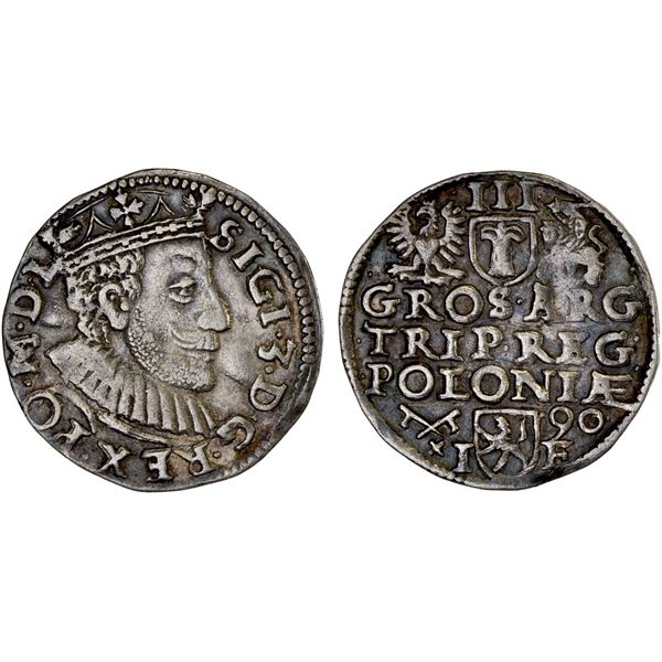 POLAND: Sigismund III, 1587-1632, AR trojak (3 grosze), Poznan, 1590, XF