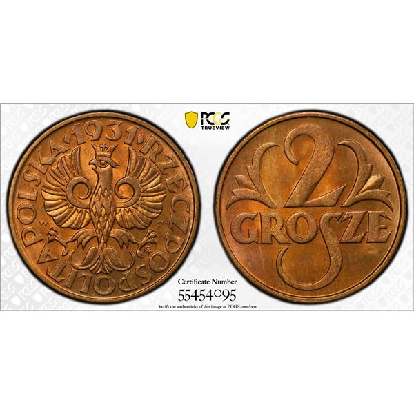 POLAND: Republic, AE 2 grosze, 1931, PCGS MS65 RD