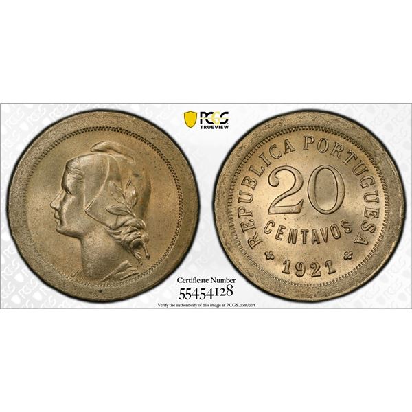 PORTUGAL: Republic, 20 centavos, 1921, PCGS MS65