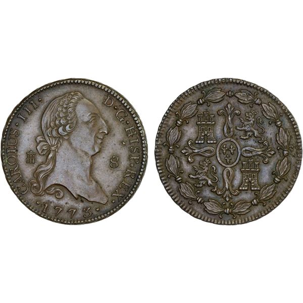 SPAIN: Carlos III, 1759-1788, AE 8 maravedis, Segovia, 1773, Choice XF