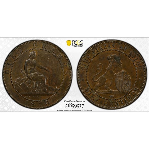 SPAIN: Provisional Government, AE 10 centimos, 1870, PCGS MS63 BN