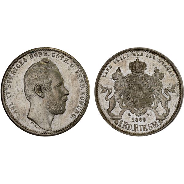 SWEDEN: Carl XV Adolf, 1859-1872, AR riksdaler riksmynt, 1860, XF