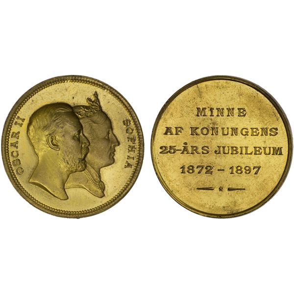 SWEDEN: Oskar II, 1872-1907, gilt AE medal, 1897, AU
