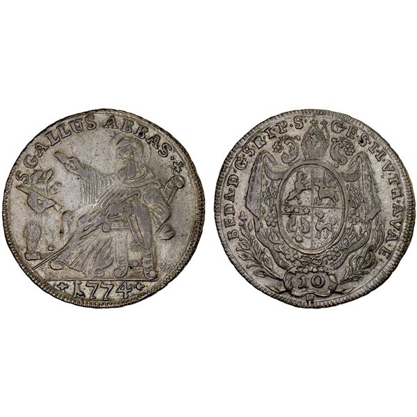 SWITZERLAND: ST. GALLEN: Abbey, AR 10 kreuzer, 1774, VF-XF