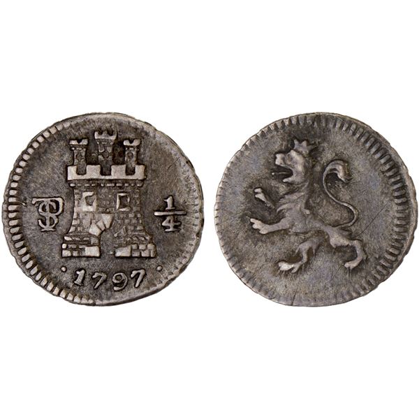 BOLIVIA: Carlos IV, 1788-1808, AR 1/4 real, 1797-PTS, XF