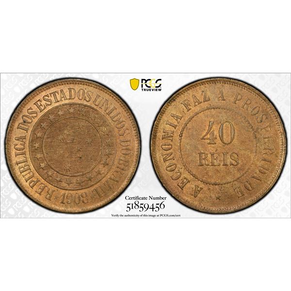 BRAZIL: Republic, AE 40 reis, 1908, PCGS MS64 RB