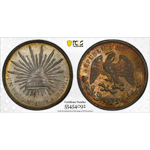 MEXICO: Republic, AR peso, 1908-Mo, PCGS MS62