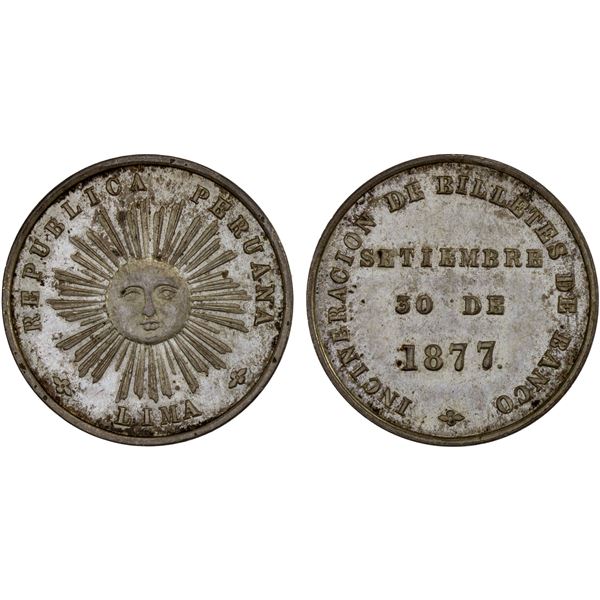 PERU: Republic, AR medal (5.35g), Lima, 1877, Unc